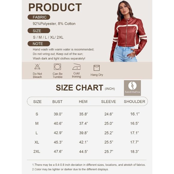 Women’s Faux Leather Zip Up Stand Collar Cropped Motocross PU Coats Jackets - Picture 6 of 6